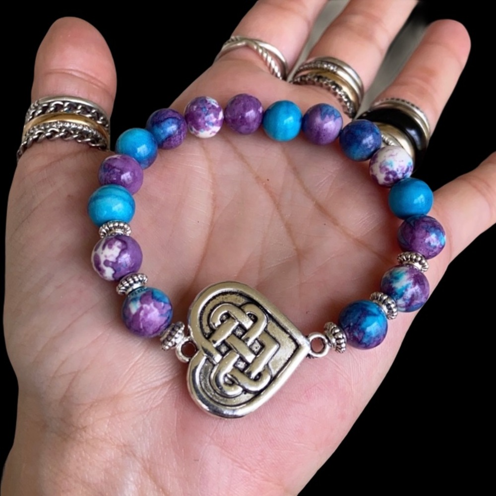 Celtic heart bracelet . Celtic knot snow purple jasper bead bracelet